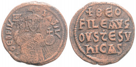 Byzantine
Theophilus, (829-842 AD) Constantinopolis
AE Follis (27,7mm, 7.56 g)
Obv: ΘЄΟFIL bASIL' Three-quarter length figure of Theophilus standing f...