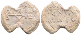 Byzantine Lead Seal ( 7th- 8th century)
Obv: Cruciform monogram 
Rev: 3 (three) lines of text. Pearl border.
(14,82 gr, 28,3 mm diameter)