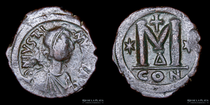 Bizancio. Justino I 518-527DC. AE Follis, ceca de Constantinopla, oficina 4ta. 3...