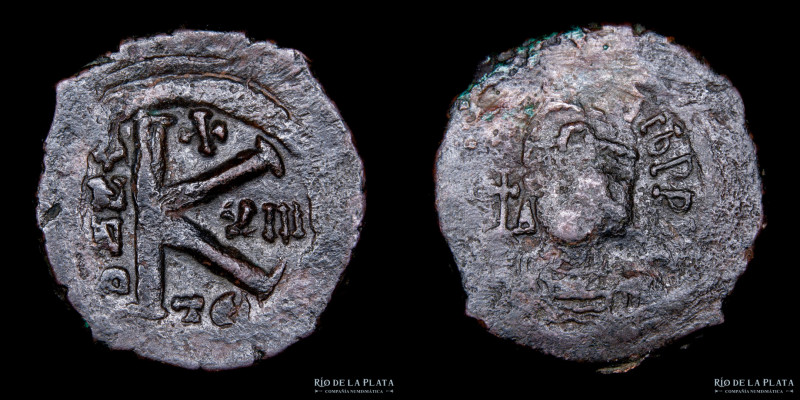 Bizancio. Mauricio Tiberio 582-602DC. AE 1/2 Follis, ceca de Tesalónica (año 13:...