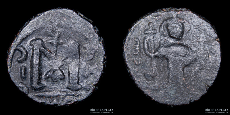 Arabe Bizantinas. Primeros Califas 680DC. AE Fals, Ceca Emesa. 18.0mm; 4.52g. A:...