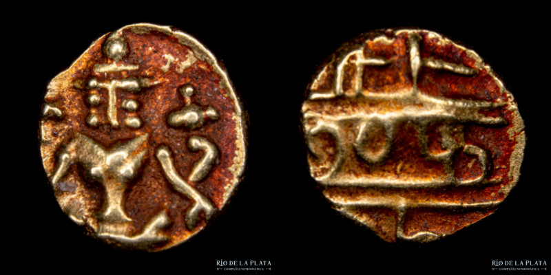 Reino de Mysore (India) Fanam de oro, 1799-1868. AV; 5.8mm; 0.38g. A: Narashima ...