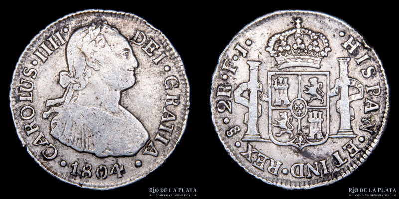 Santiago. Chile. Carlos IV (1788-1808) 2 Reales 1804 FJ. AG.896; 35.0mm; 6.58g. ...