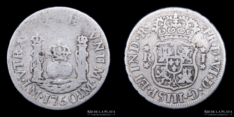 Lima. Carlos III (1759-1788) 1 Real 1760 6/5 JM. sobrefecha en la decena. Escasa...