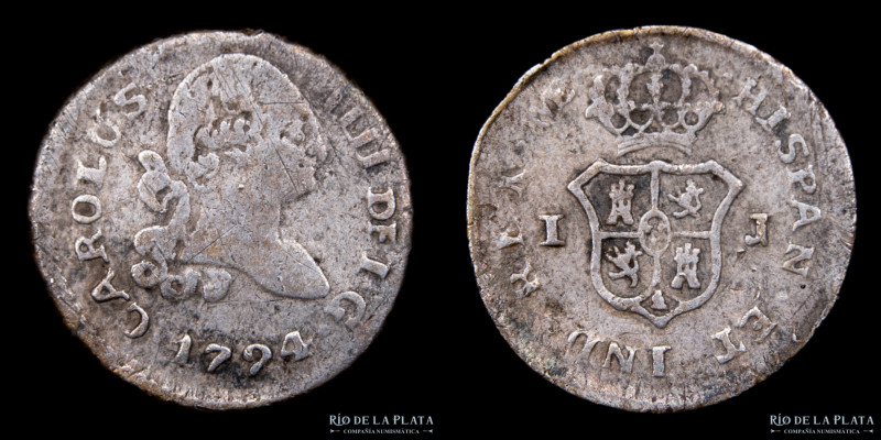 Lima. Carlos IV (1788-1808) 1/4 Real 1794 IJ. AG; 13mm; 0.74g. KM99 (F)

Estim...