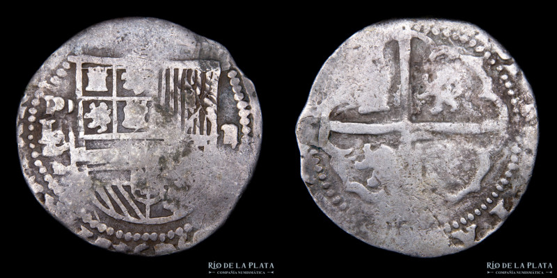 Potosí. Felipe II (1574-1598) 2 Reales 1576-77 L / M. (L con tres golpes sobre M...