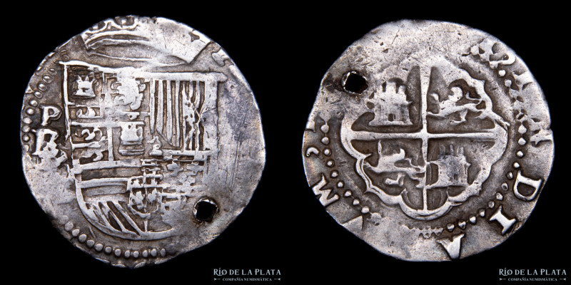 Potosí. Felipe II (1574-1598) 2 Reales 1577-81 B / L / M. (Tres sobre ensayadore...
