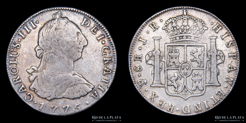 Potosí. Carlos III (1759-1788) 8 Reales 1775 JR (José de Vargas y Flor, Raymundo...