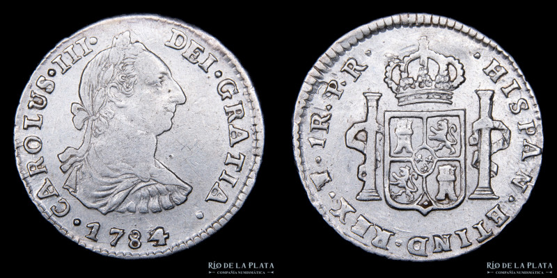 Potosí. Carlos III (1759-1788) 1 Real 1784/3 PR (Ensayadores Pedro Martin Albizu...