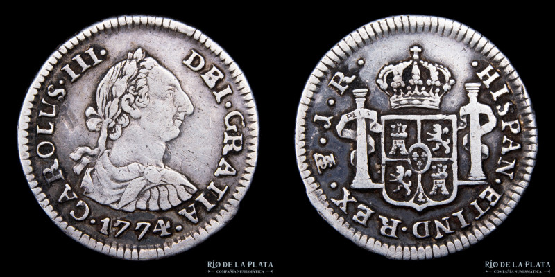 Potosí. Carlos III (1759-1788) 1/2 Real 1774 JR (Ensayadores Jose de Vargas y Fl...