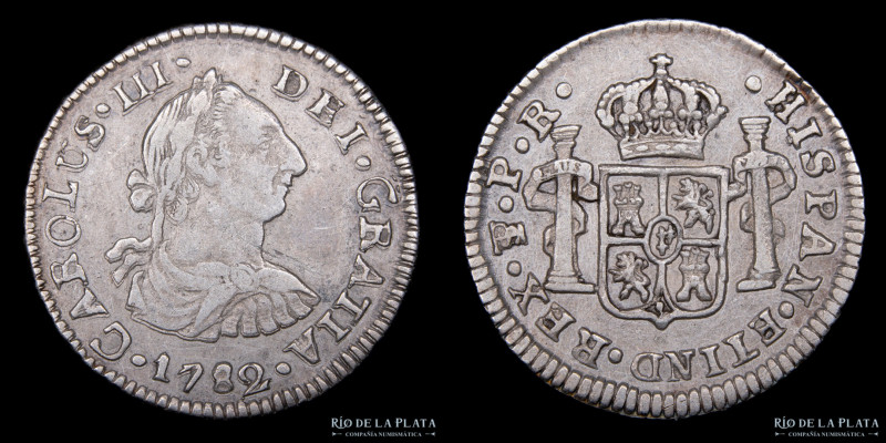 Potosí. Carlos III (1759-1788) 1/2 Real 1782 PR (Ensayadores Pedro Martin Albizu...