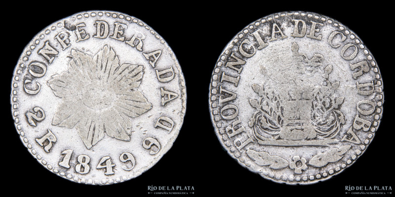 Argentina. Córdoba. 2 Reales 1849. AG.750; 24mm; 5.53g. Sol de 8 puntas. CJ 57.5...