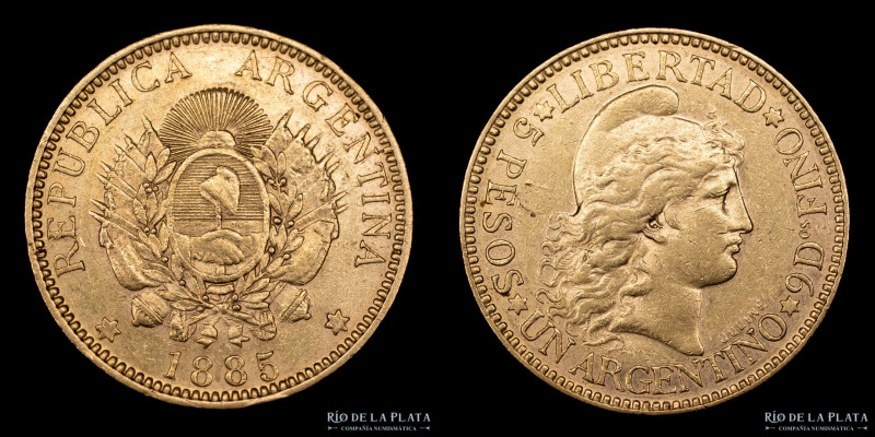 Argentina. 5 Pesos 1885 "Argentino de oro". Oro AU.900, 22.1mm; 8.07g. Ceca de B...