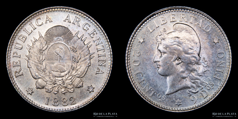 Argentina. 20 Centavos 1882. AG.900; 23.3mm; 5.00g. Buenos Aires mint. CJ 18.1; ...