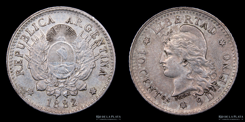 Argentina. 10 Centavos 1882. AG.900; 18.3mm; 2.50g. Buenos Aires mint. CJ 21; KM...