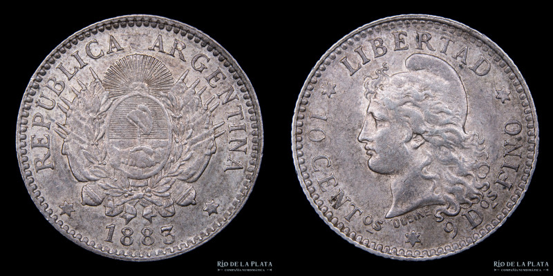 Argentina. 10 Centavos 1883. AG.900; 18.3mm; 2.50g. Buenos Aires mint. CJ 22; KM...