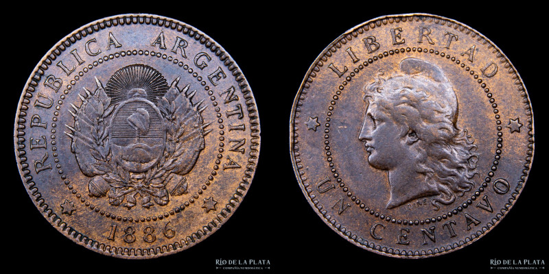 Argentina. 1 Centavo 1886. Ceca de Buenos Aires. CU; 25mm; 5.20g. CJ 42; KM32 (a...