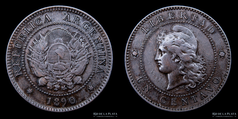 Argentina. 1 Centavo 1890. Buenos Aires mint. CU; 25.0mm; 5.00g. CJ 45; KM32 (VF...