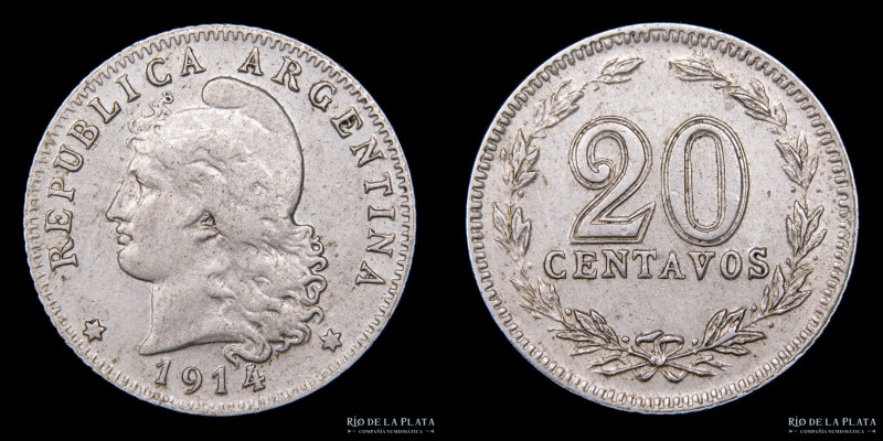 Argentina. 20 Centavos 1914. Muy Rara, solo 526.770 acuñadas. CuNi; 21.5mm; 4.00...