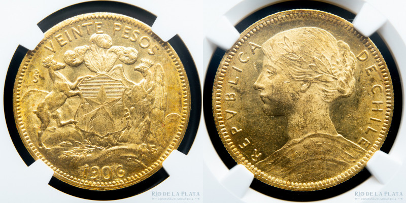 Chile. 20 Pesos 1906 Oro. Graduada por NGC MS61 AU.900; 27mm; 11.98g. KM158 (UNC...