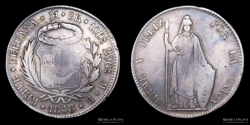 Perú. 8 Reales 1848 MB. Lima Mint. AG.903; 39mm; 27.48g. KM142.3 (VF)

Estimat...