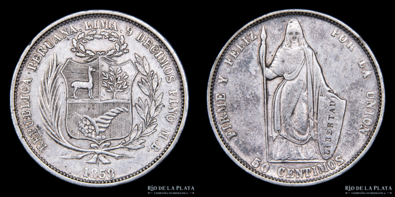 Perú. 50 Centavos 1858 MB. 50 Centimos Remarcado. Escasa/Scarce. AG.900, 28.0mm;...