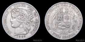 Peru. 5 Pesetas 1880 BF. Dot KM201.2