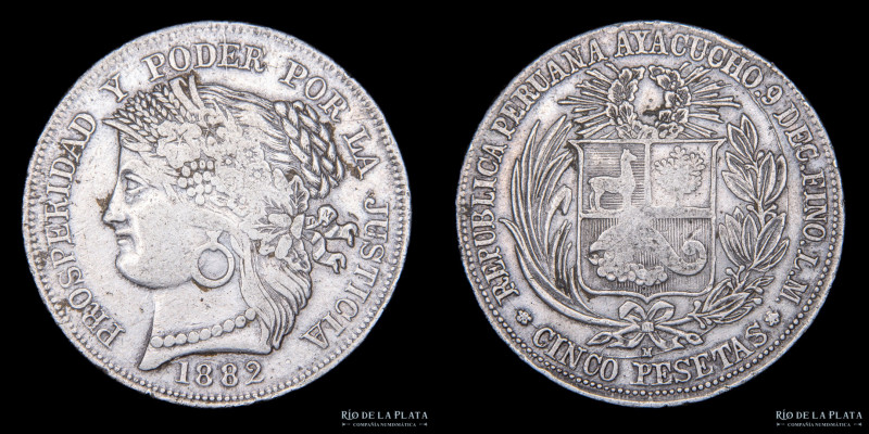 Perú. 5 Pesetas 1882 LM. AG.900, 36.8mm; 24.68g. . KM201.2 (XF)

Estimate: USD...