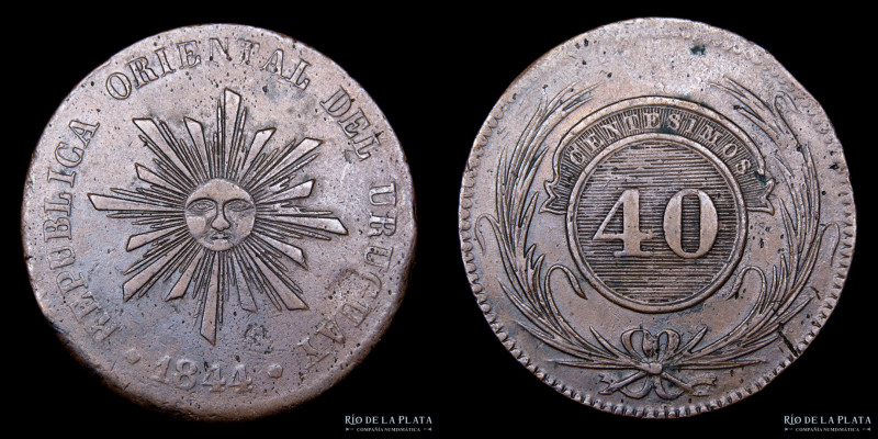 Uruguay. 40 Centésimos 1844. CU, 38.5mm; 33.40g. Solo 65.000 acuñadas en la Casa...