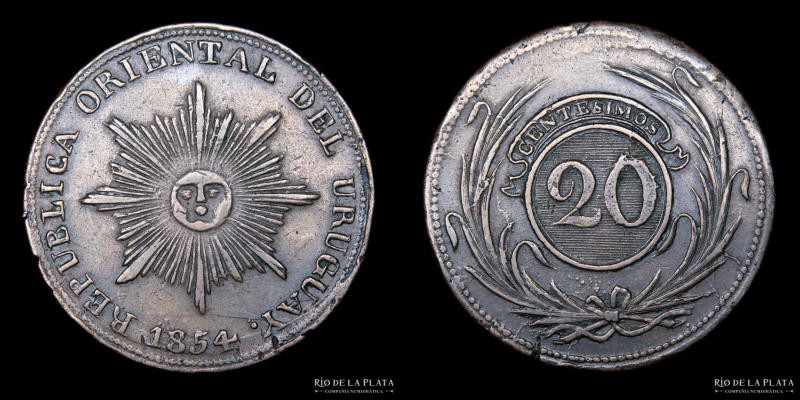 Uruguay. 20 Centésimos 1854. CU, 37.5mm; 21.20g. Solo 50.000 acuñadas en la Casa...
