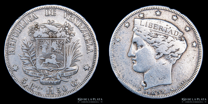 Venezuela. 5 Reales 1858. AG.900; 30.0mm; 11.27g. Solo 26.120 acuñadas. Paris mi...