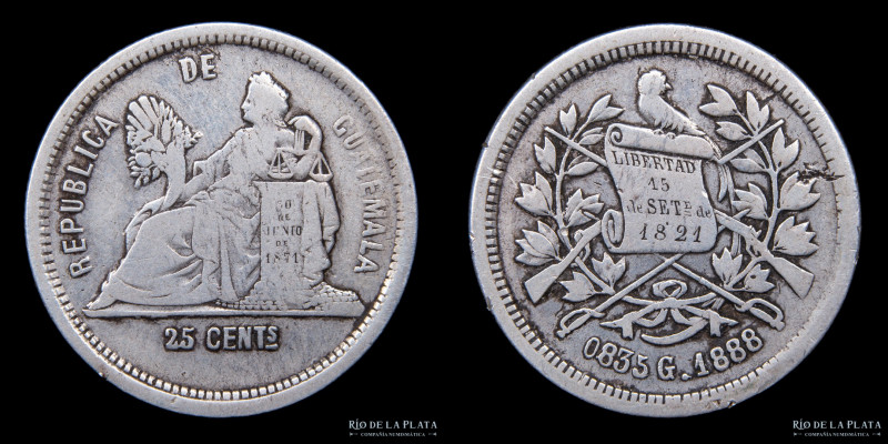 Guatemala. 25 Centavos 1888. AG.835; 23.5mm; 6.07g. KM205.1 (VF)

Estimate: US...