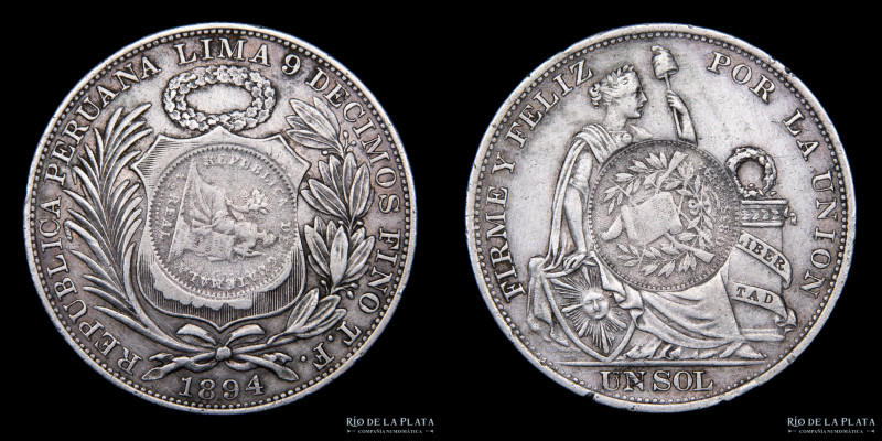 Guatemala. 1 Peso 1894. Resello sobre Peru 1894. AG.900; 37mm; 24.84g. KM216. (X...