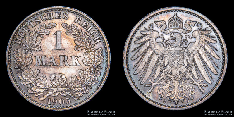 Alemania. 1 Mark 1905 J. Hamburg Mint. AG.900; 24mm; 5.58g. KM14 (AU+) Pátina
...
