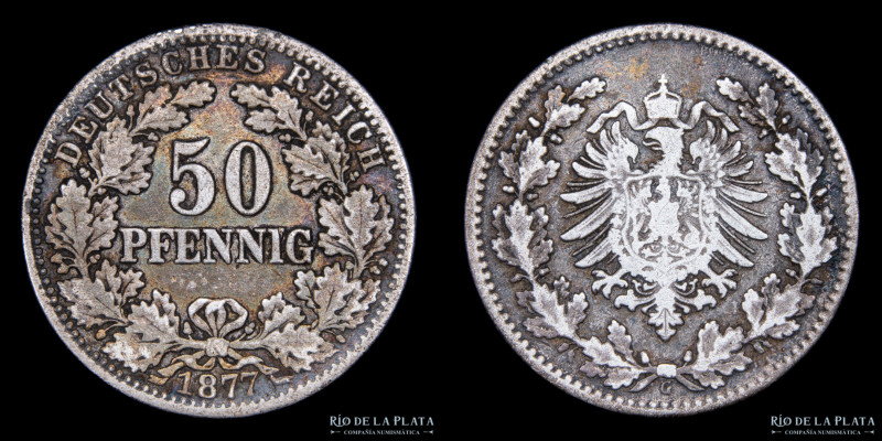 Alemania. 50 Pfennig 1877 G. AG.900; 19.5mm; 2.65g. KM8 (VF-) 

Estimate: USD ...