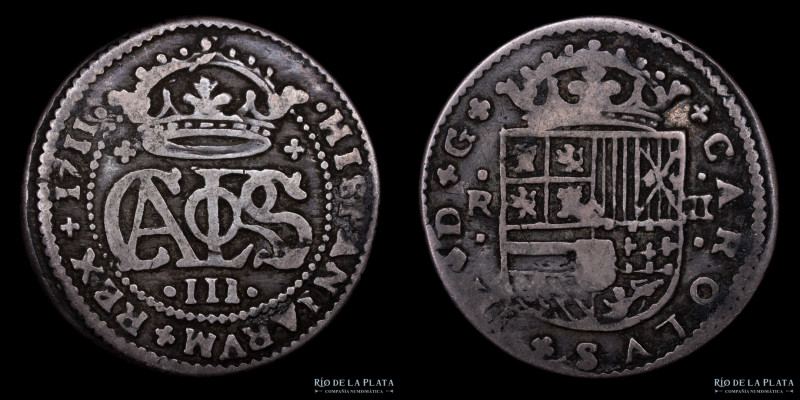 España. Carlos III Pretendiente. 2 Reales 1711. AG.830; 27 mm; 4.6g. Acuñada en ...