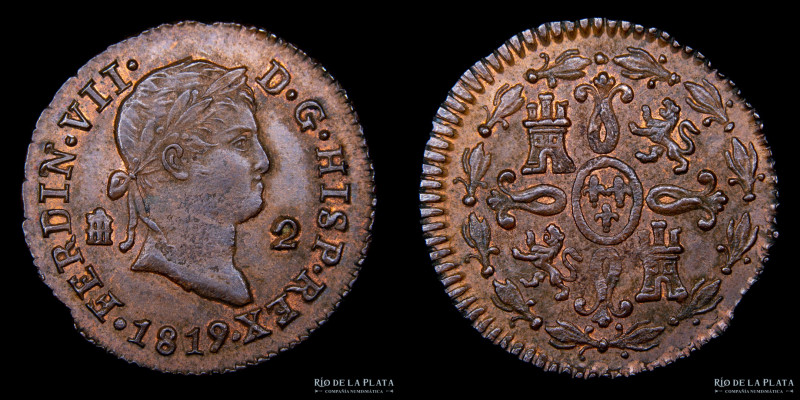 Reino de España. Fernando VII. 2 Maravedis 1819. CU; 20.0mm; 2.20g. KM47.1 (VF)...