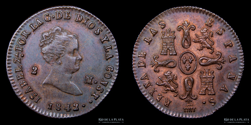 Reino de España. Isabel II. 2 Maravedis 1842. Cu.; 20.0mm; 2.40g. KM532.4 (VF)
...
