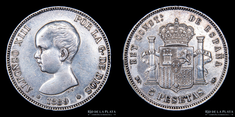 España. Alfonso XIII (1886-1931) 5 Pesetas 1889 MP-M. AG.900, 37.5mm; 24.85g. KM...