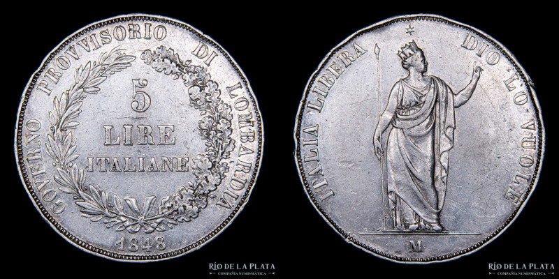 Reino de Lombardia (Gobierno Provisorio) 5 Lira 1848. AG.900; 37.0mm; 24.90g. KM...