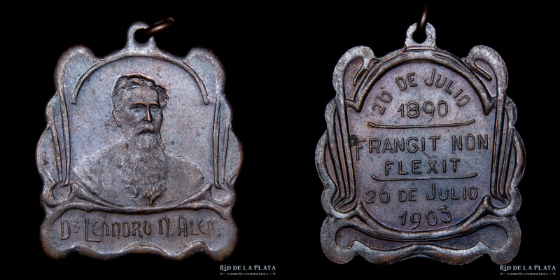 Argentina. Política. 1903. Leandro N. Alem. "Frangit non flexit". CU; 33x26mm; 9...