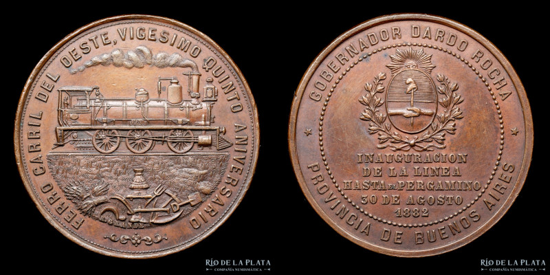 Buenos Aires. Ferrocarril Pergamino 1882. Grabador Rosario Grande. Cobre; 40.5mm...