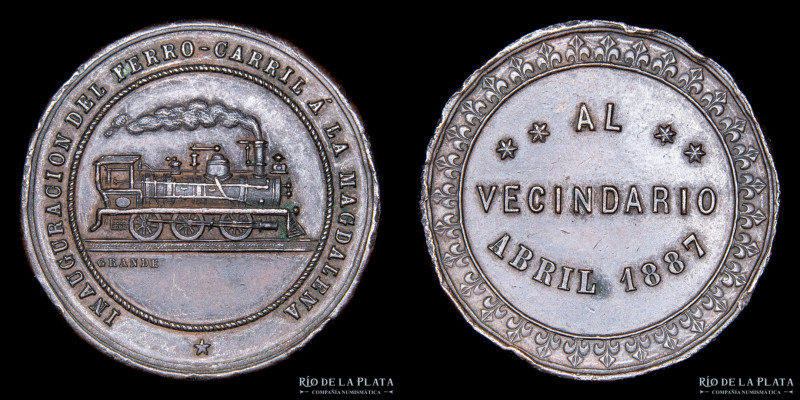 Argentina. Ferroviarias. 1887. FFCC a la Magdalena. Al Vecindario. Grabador: Ros...