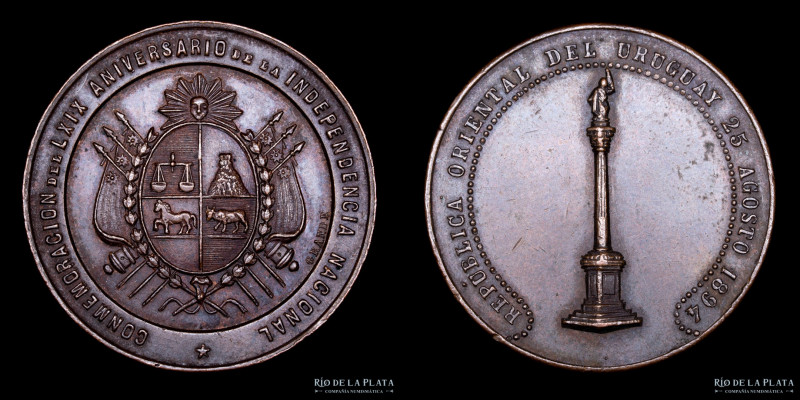 Uruguay. 1894. Aniversario de la Independencia. CU; 32mm; 18.32g. (XF)

Estima...