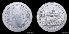 Alemania. Ludwigs-Eisenbahn Nürnberg. 200 Pfenning 1921