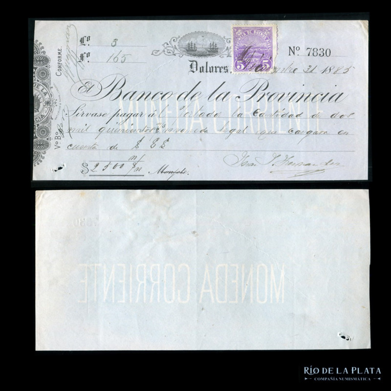 Argentina. Dolores (Buenos Aires) Cheque 1885. (VF)

Estimate: USD 50 - 100