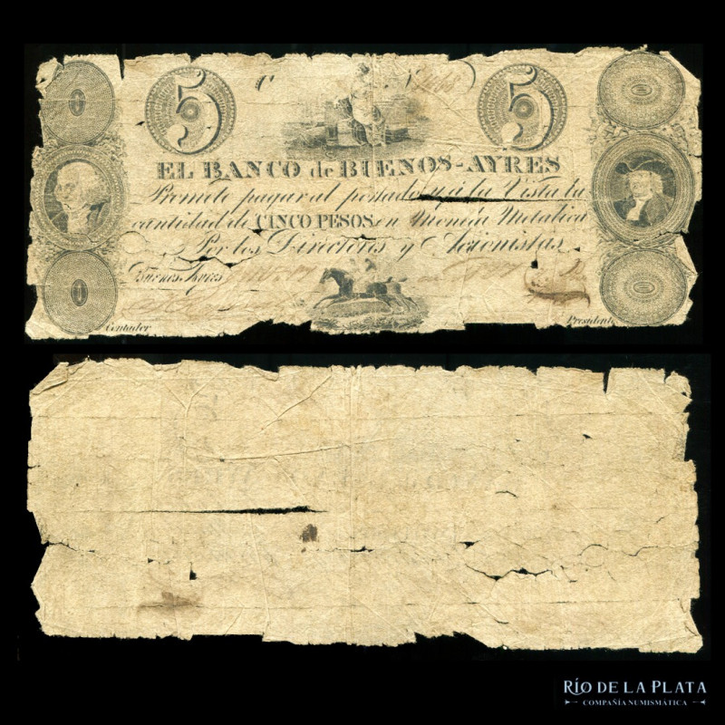 Argentina. Banco Nacional. 5 Pesos 1827. Unifaz. Retratos de Benjamin Franklin y...