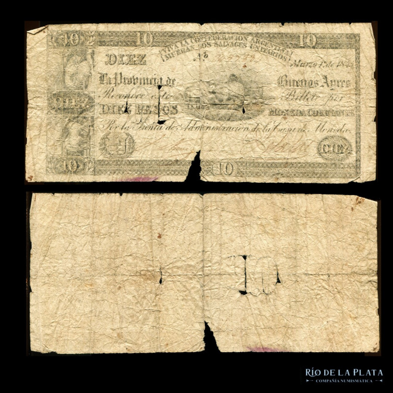Argentina. Buenos Aires. Época de Rosas. 10 Pesos Moneda Corriente 1844. VIVA LA...