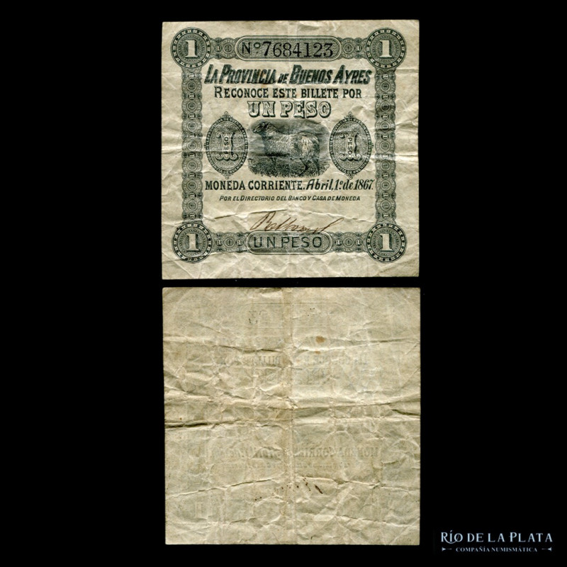 Argentina. Provincia de Buenos Aires. 1 Peso Moneda Corriente. 01/04/1867. Firma...