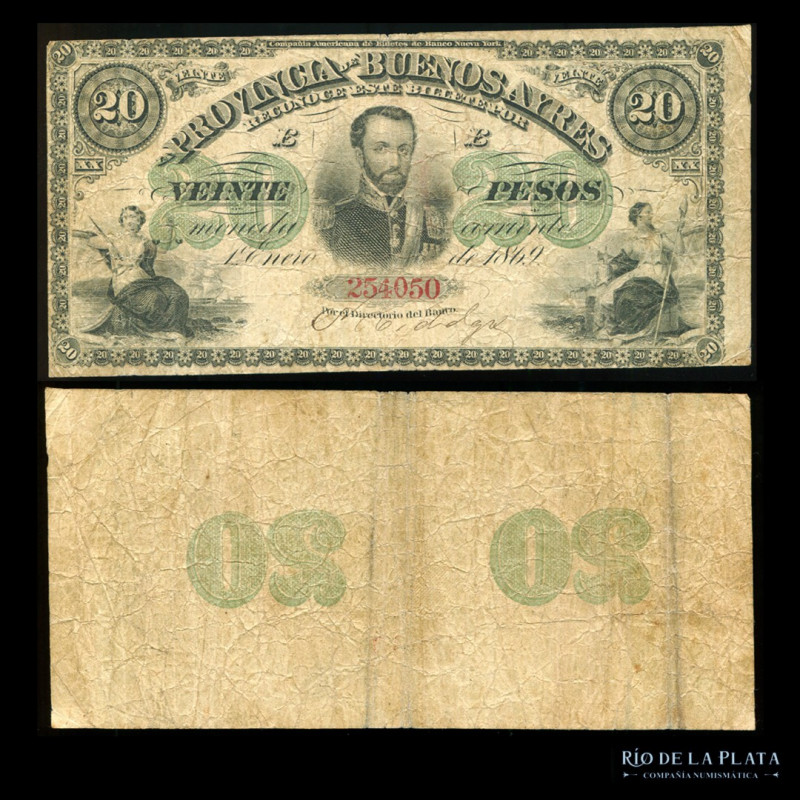 Argentina. Provincia de Buenos Aires. 20 Pesos Moneda Corriente. 01/01/1869. Fir...